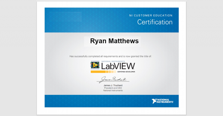 Certified LabVIEW Developer certificate awarded to Ryan Matthews