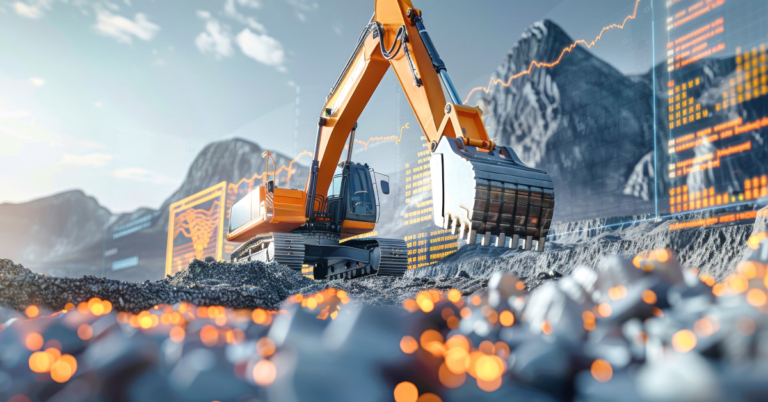 Orange mining excavator working a pile of ore with a digital analytics data overlay