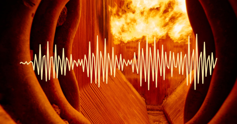 Bright waveform overlaid on the glowing fire inside a boiler furnace, representing pulse monitoring