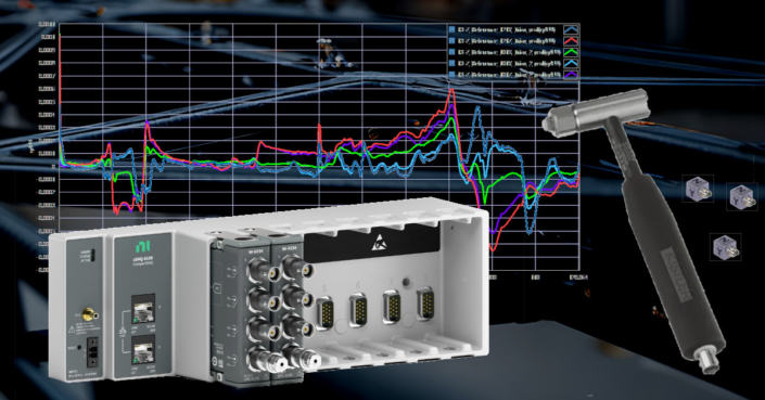 Experimental modal analysis setup with NI CompactDAQ, impact hammer, and triaxial accelerometers.