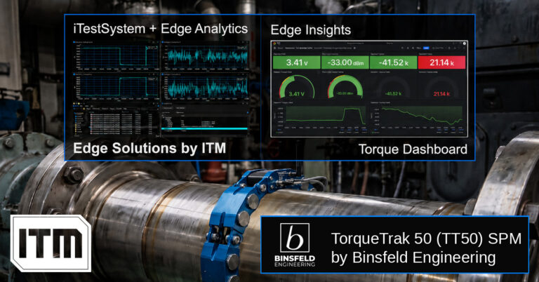 ITM iTestSystem and Edge Analytics dashboard overlaid on a rotating shaft fitted with a Binsfeld TT50 shaft-torque telemetry module