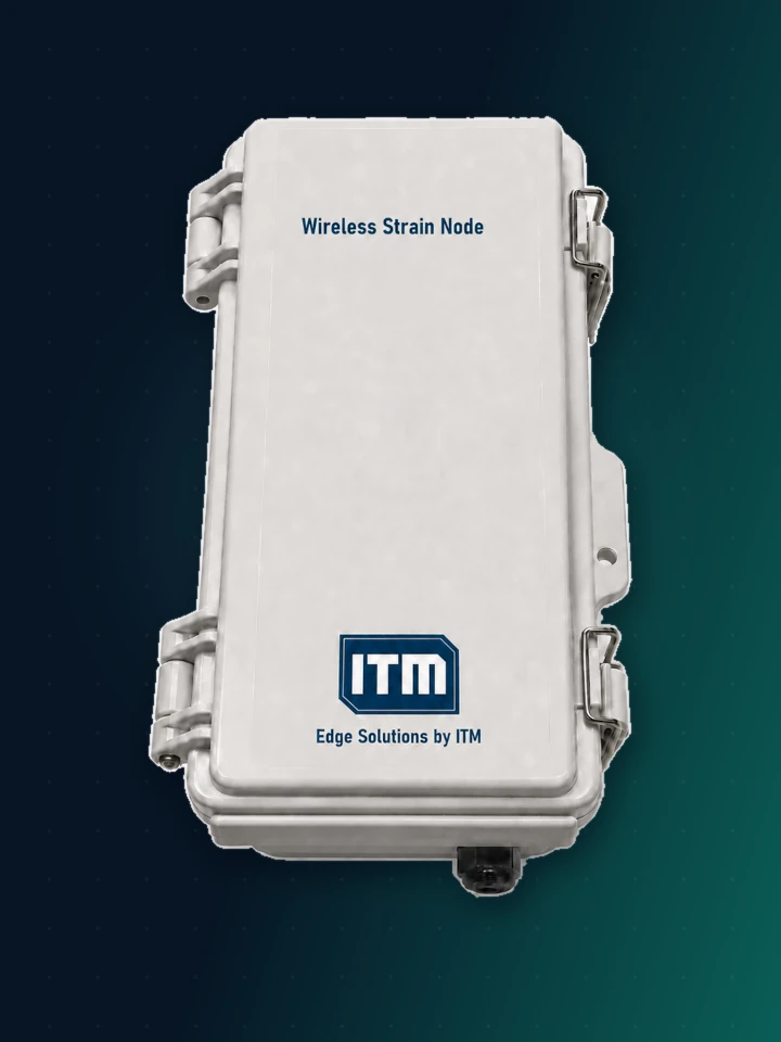 ITM Wireless Strain Node — a light grey sealed enclosure labelled Wireless Strain Node, with two hinges on the left, two stainless steel latches on the right and a black cable gland on the bottom edge